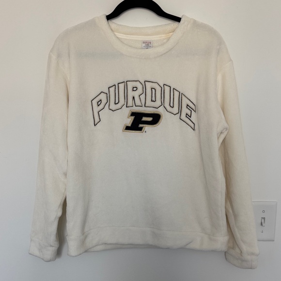 Sideline Apparel Tops - Purdue/Sideline Apparel Women's White/Cream Pullover Fuzzy Sweatshirt - Size L
